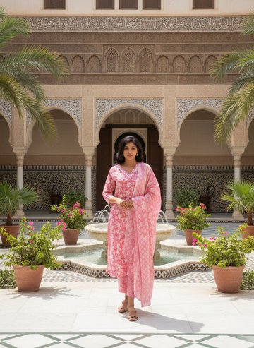 Peach Pink V neck Floral Kurta Set