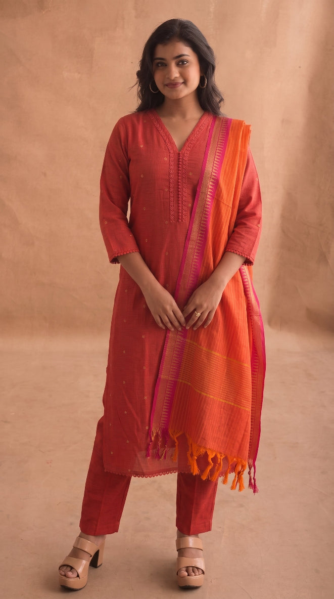 Mangalagiri cotton top  salwar set ( Orange )