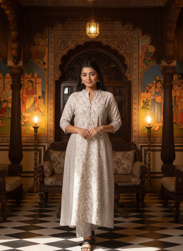 Geometric Paneled A line Beige Kurta Set