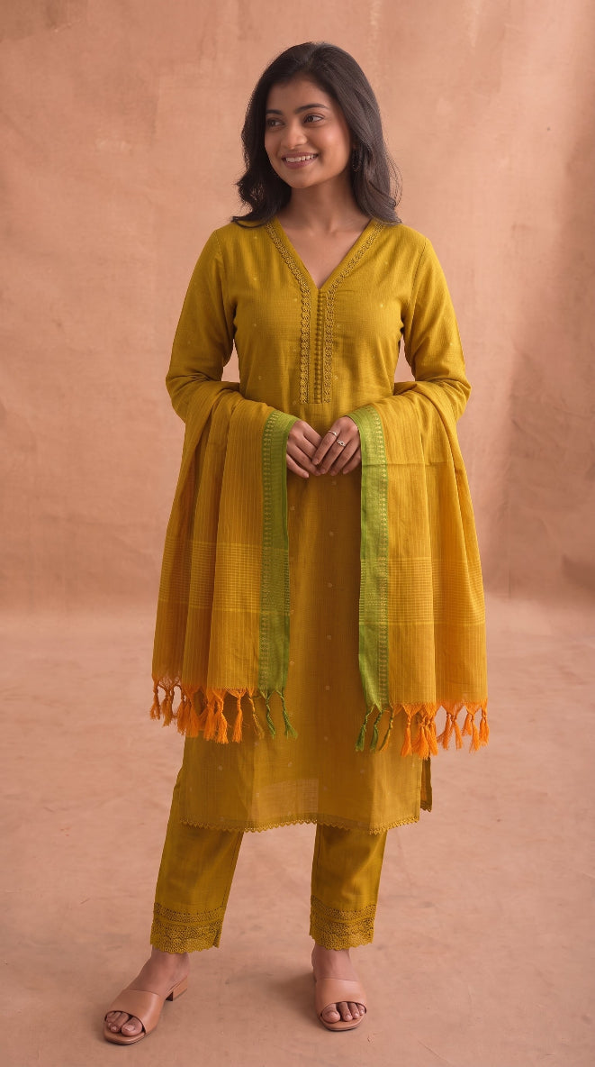 Mangalagiri cotton salwarset ( Multi Green )