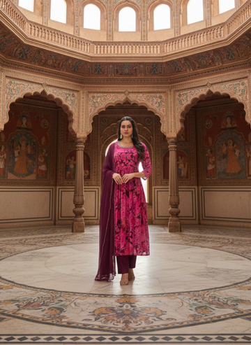 Vibrant Mulberry Floral Gathered side slit Salwar Suit Set
