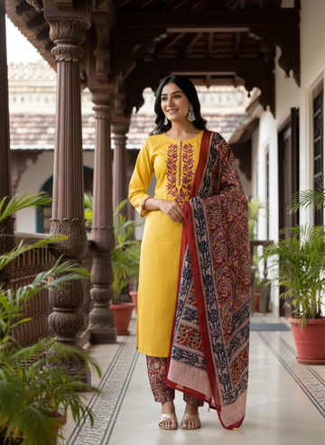 Sunlit Mustard Embroidered Kurta Set with Printed Dupatta