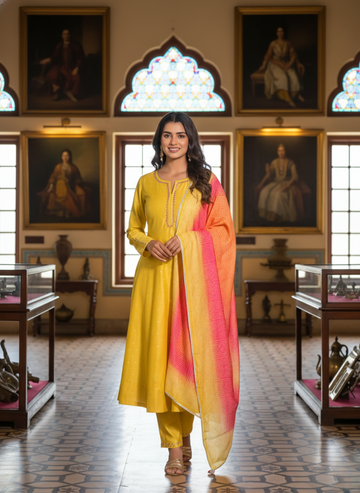Vibrant Yellow A-Line Kurta with Ombre Dupatta