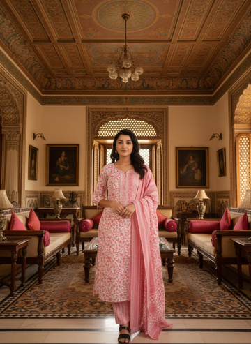 White & peach pink Floral Print Cotton Kurta Set