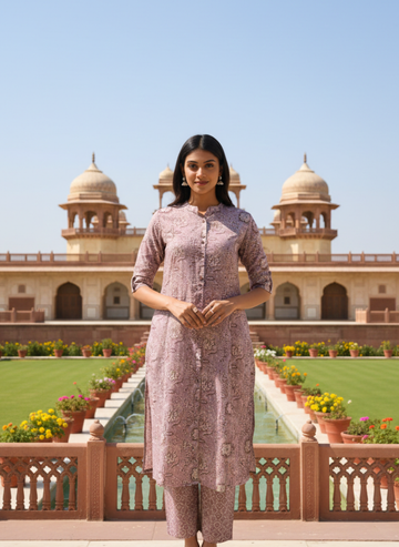 Light Mauve Floral Cotton Kurta Set