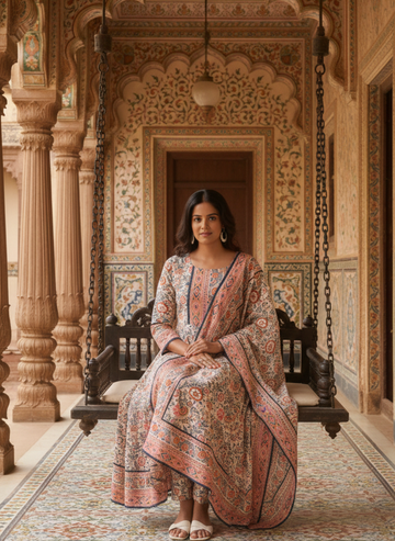 Elegant Cream & Blue Printed Anarkali Kurta Set