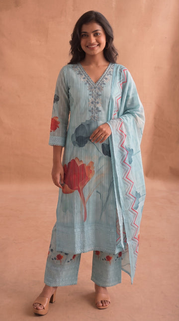 Cottom Chikankari work ( Floral print ) Blue