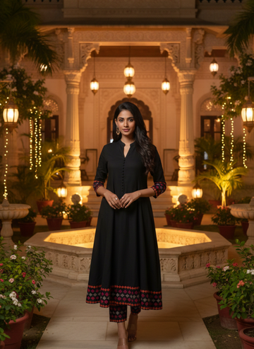 Embroidered Black Flared Kurta Set with Warm Accents