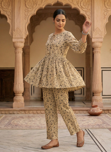 Beige Floral Peplum Co-ords Set