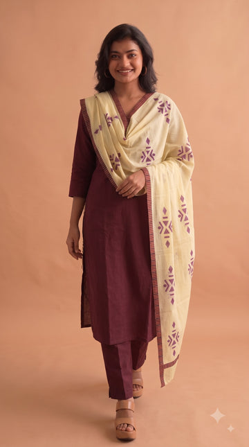 Royal Plum Embroidered Kurta Set with Cream Dupatta