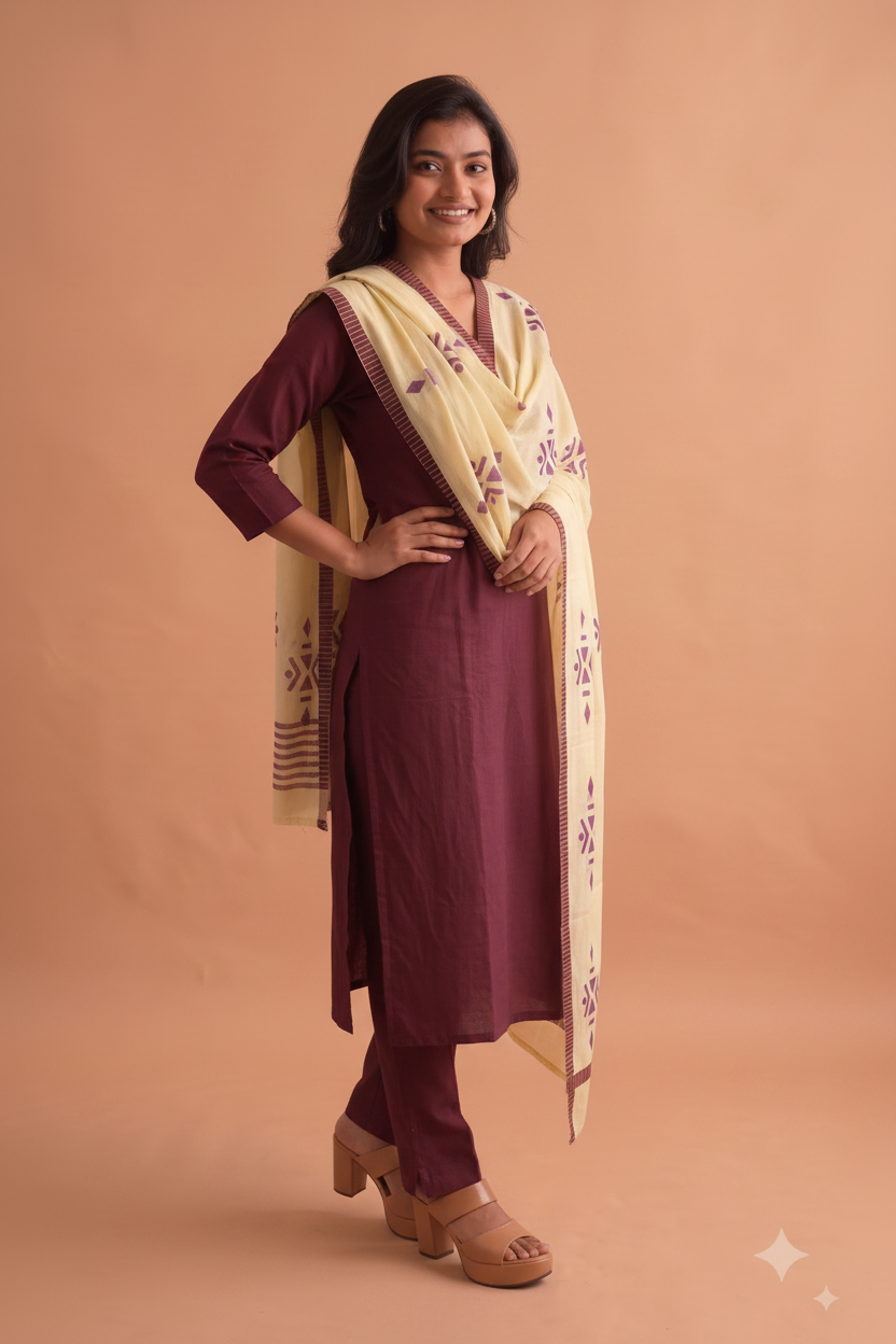 Royal Plum Embroidered Kurta Set with Cream Dupatta