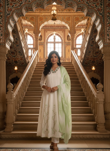Decent White and Green A-Line Kurta Set