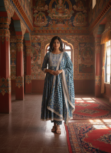 Cotton Yale Blue Printed Anarkali Kurta Set