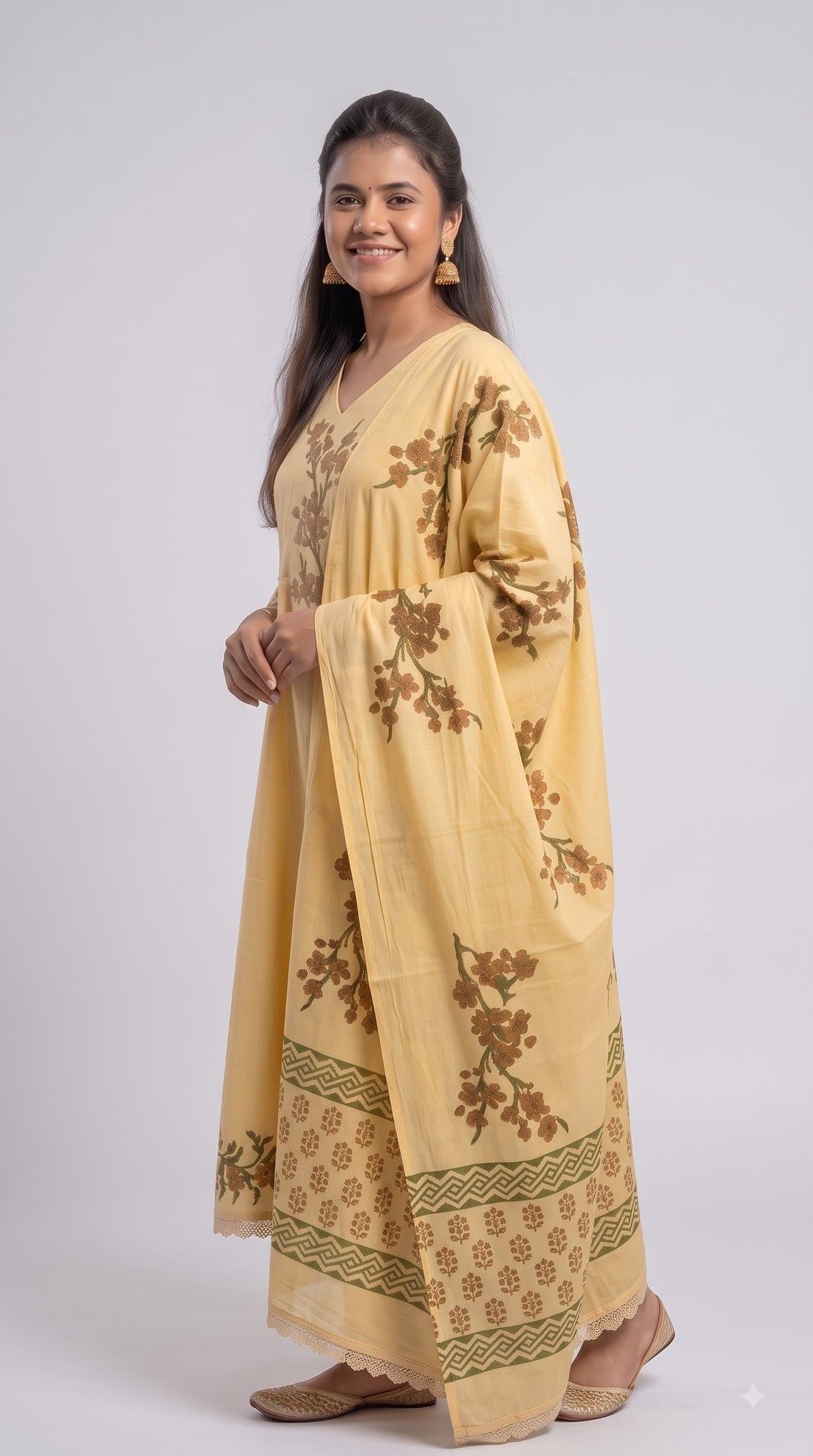 Golden Bloom Mulmul Cotton Anarkali Suit Set