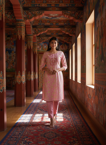 Peach Pink Floral Embroidered Kurta Set