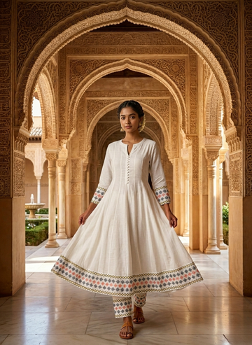 Ivory Grace Geometric Border Anarkali Set