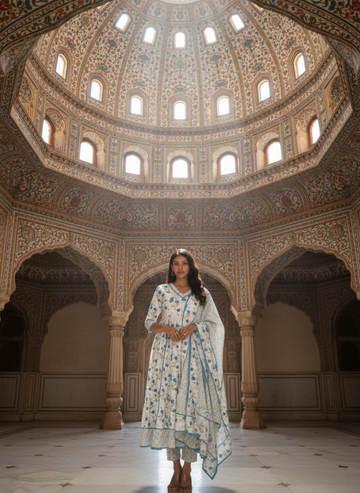 Floral Print white Blue Anarkali Cotton Set