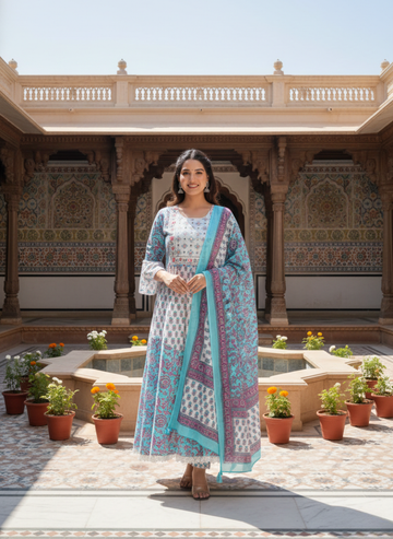 Artistic Floral Pale Teal Anarkali Cotton kurta set