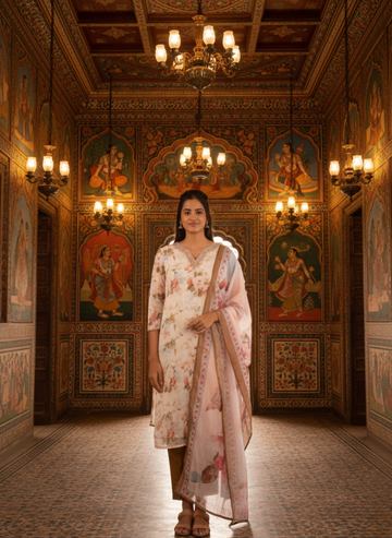 Elegant Off-White Floral Kurta Set with Bronze Brown Pant