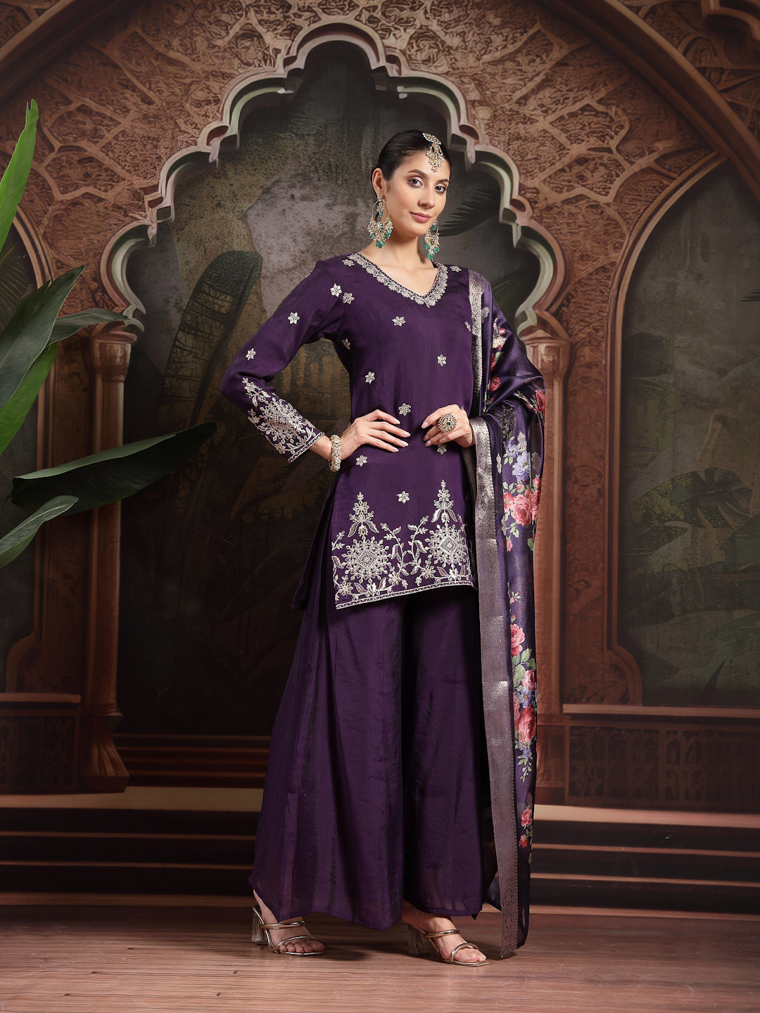 Purple Mul Chanderi Short  Palazoo Set