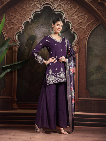 Purple Mul Chanderi Short  Palazoo Set