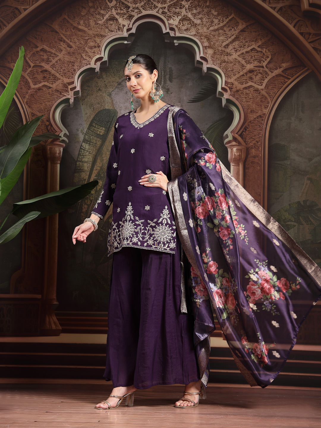 Purple Mul Chanderi Short  Palazoo Set