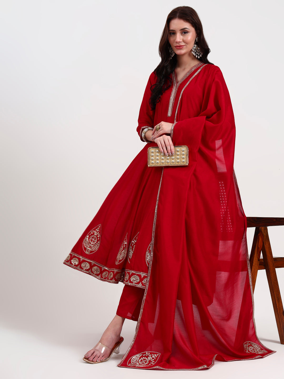 Red Vichitra Kalidaar Kurta With Pant And Dupatta