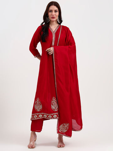 Red Vichitra Kalidaar Kurta With Pant And Dupatta