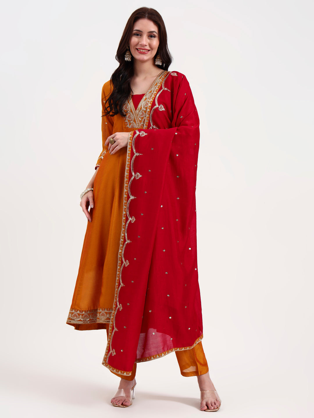 Mustard Vichitra Kalidaar Stylish Anarkail Set