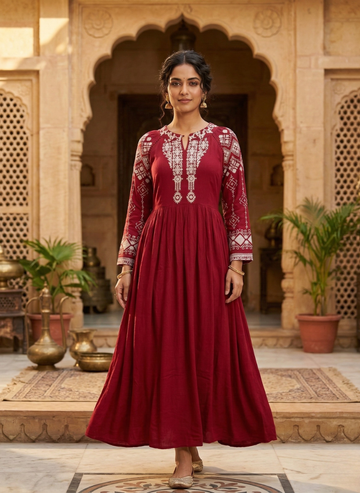 Wine Red Embroidered Anarkali Kurta