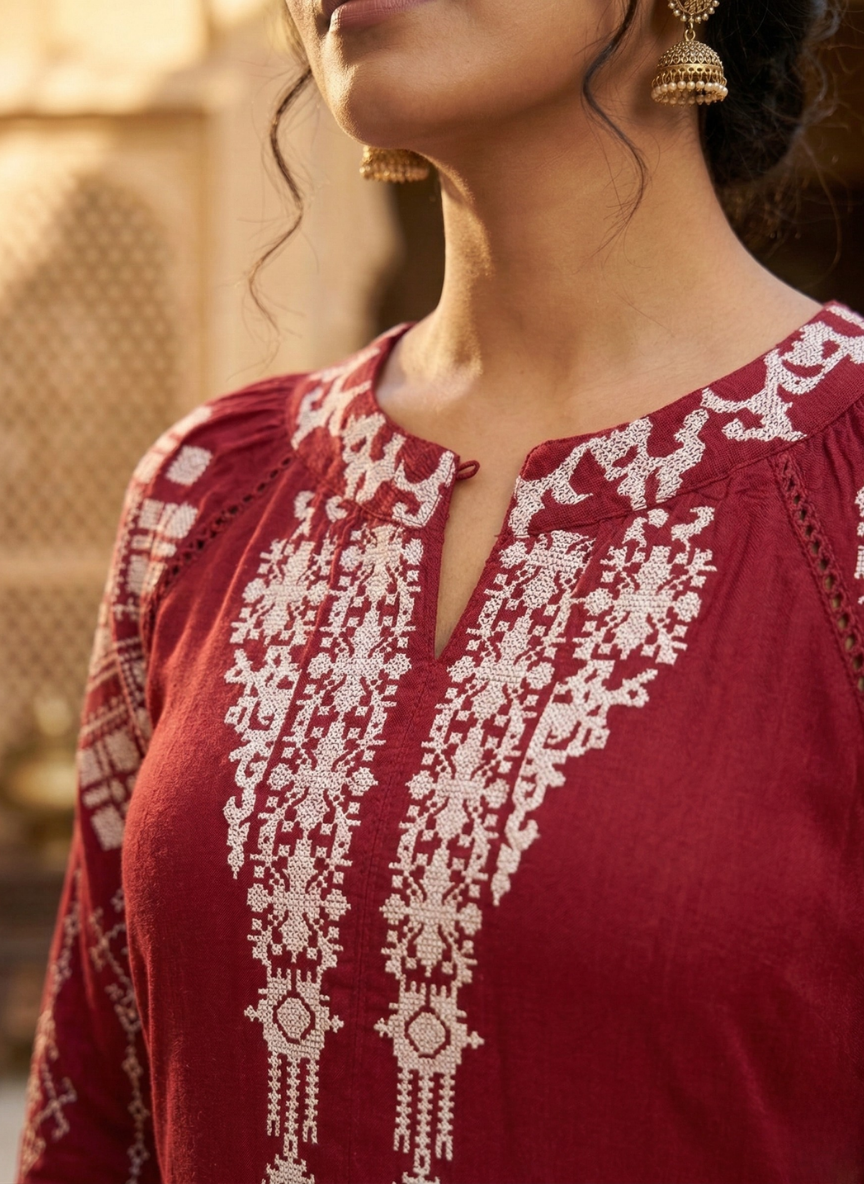 Wine Red Embroidered Anarkali Kurta