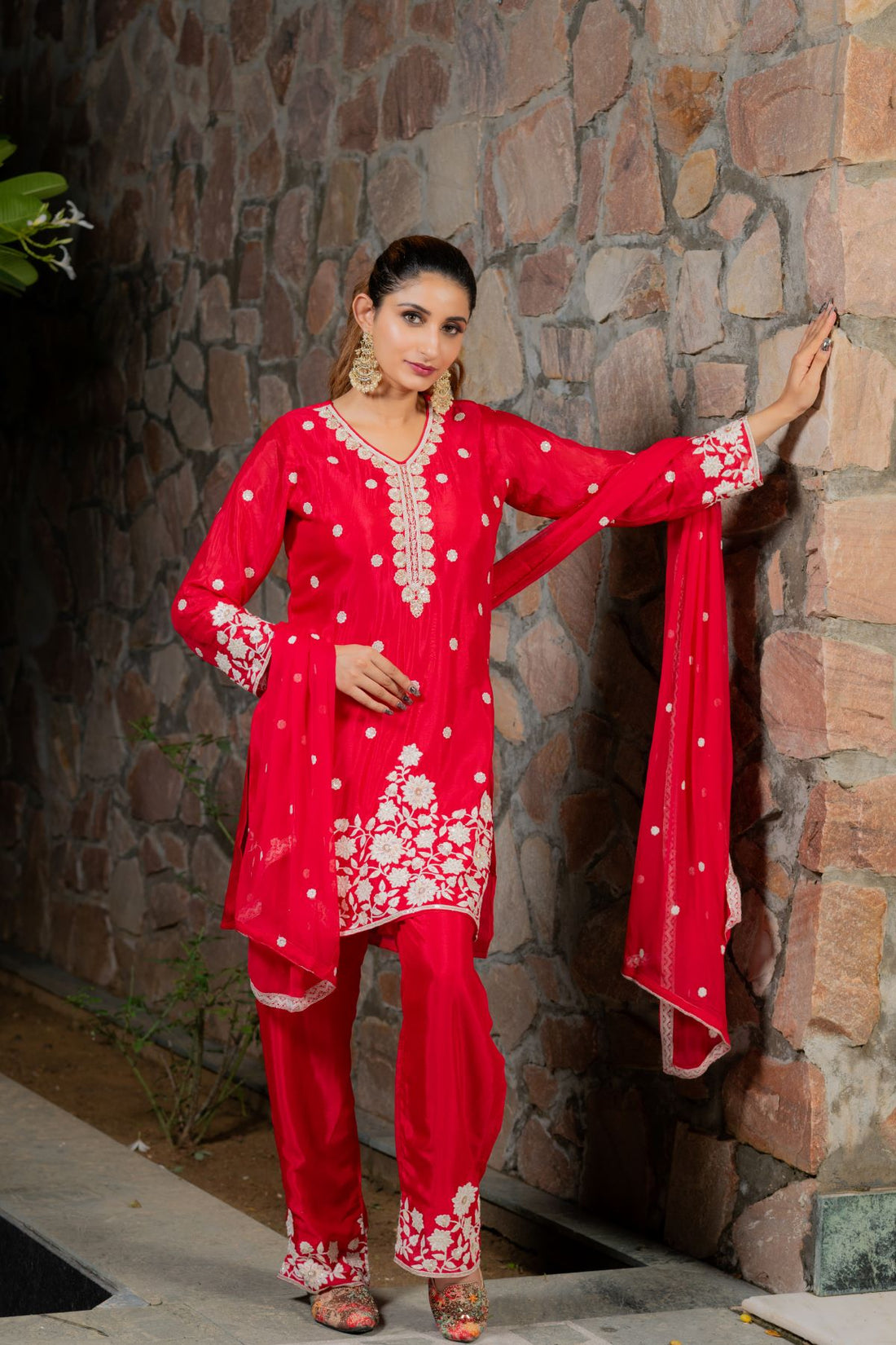 Red Embroidered Silk Blend Straight Suit With Dupatta
