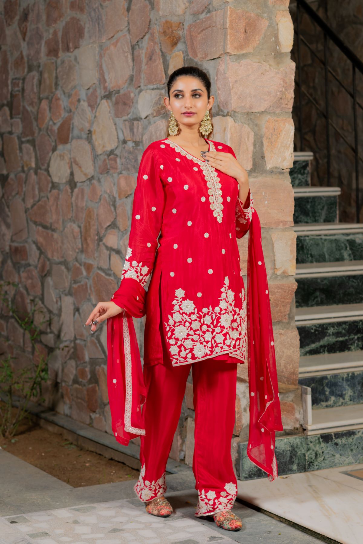 Red Embroidered Silk Blend Straight Suit With Dupatta