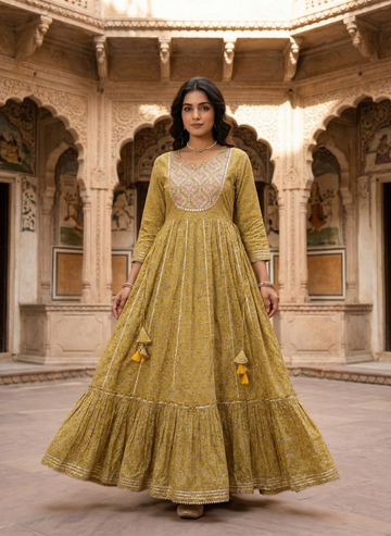Mustard Gold Printed Anarkali Kurta