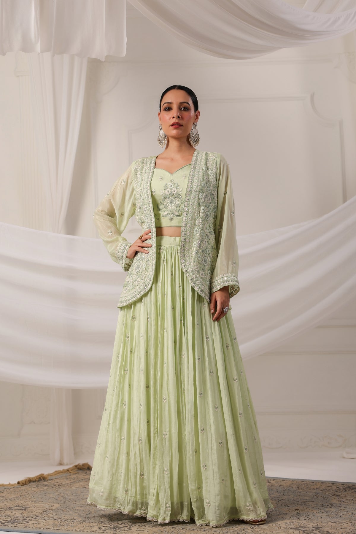 Mint Green  Embroidered Jacket Set