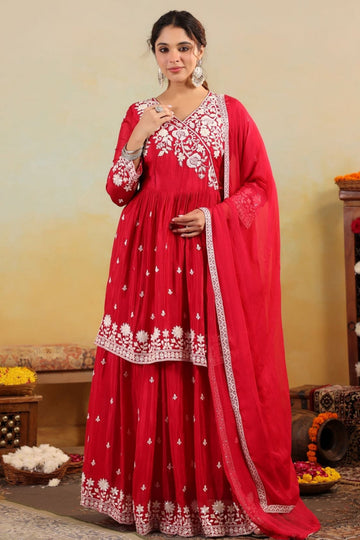 Red Georgette Embroidered Skirt & Top with Dupatta