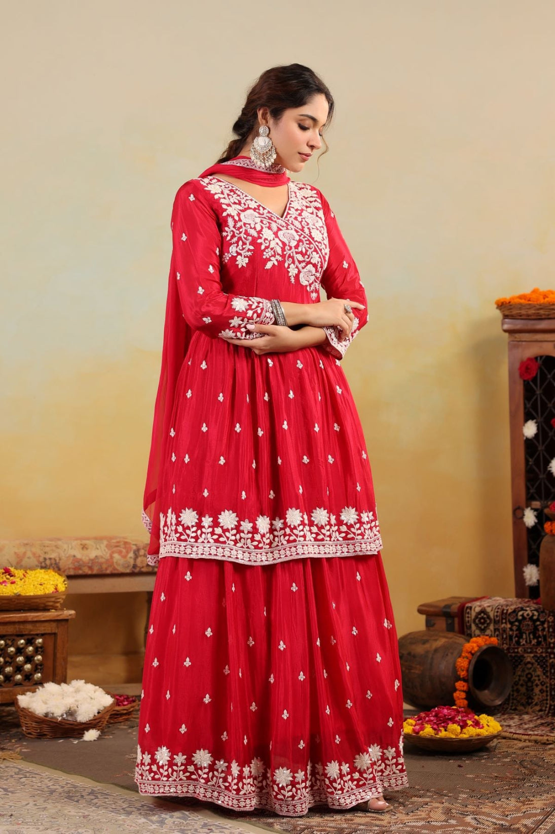 Red Georgette Embroidered Skirt & Top with Dupatta