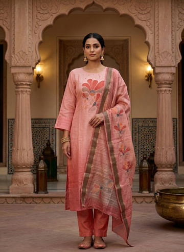 Blush Peach Embroidered Kurta Set with Dupatta