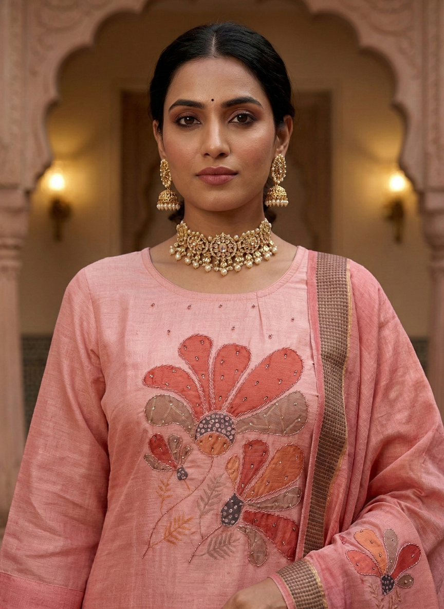 Blush Peach Embroidered Kurta Set with Dupatta