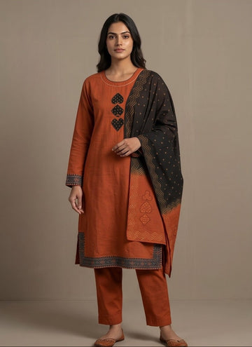 Rust &Charcoal Printed Cotton Kurta Set with Dupatta