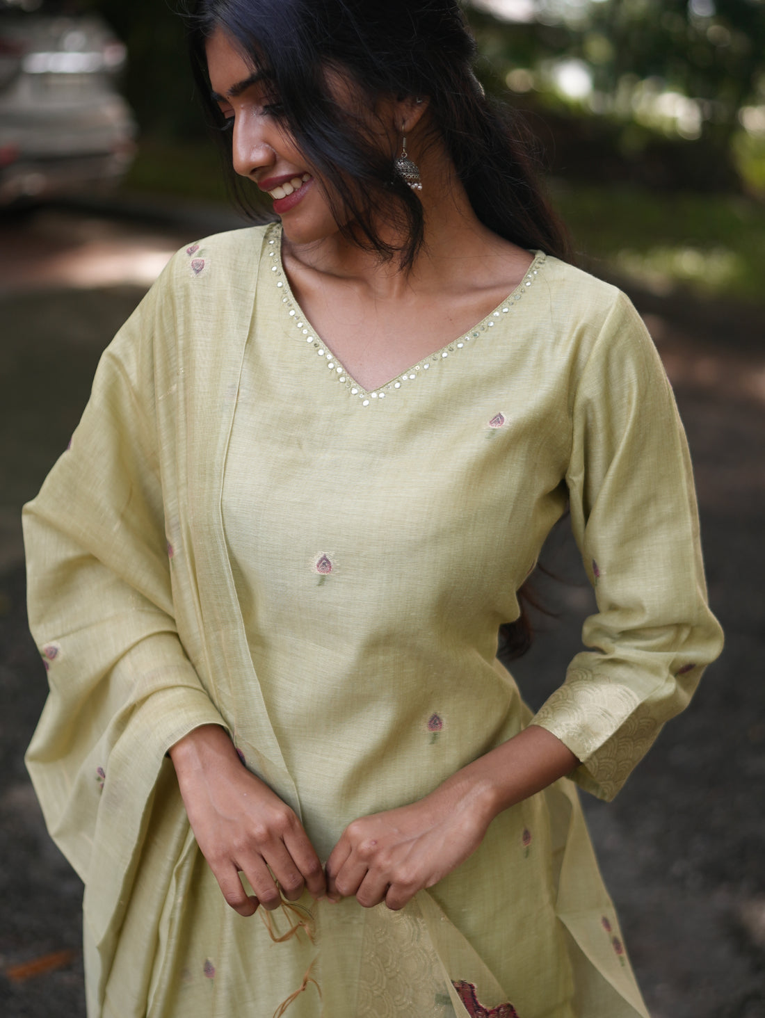 Pistachio Green Lotus Floral Printed Cotton Kurta Set