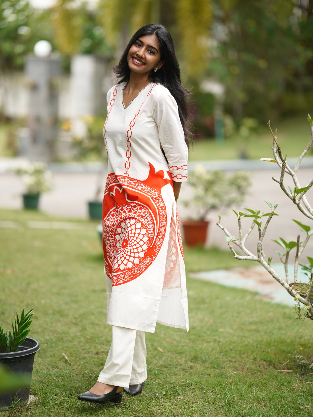 Ivory Orange Mandala Print Cotton Kurta Set