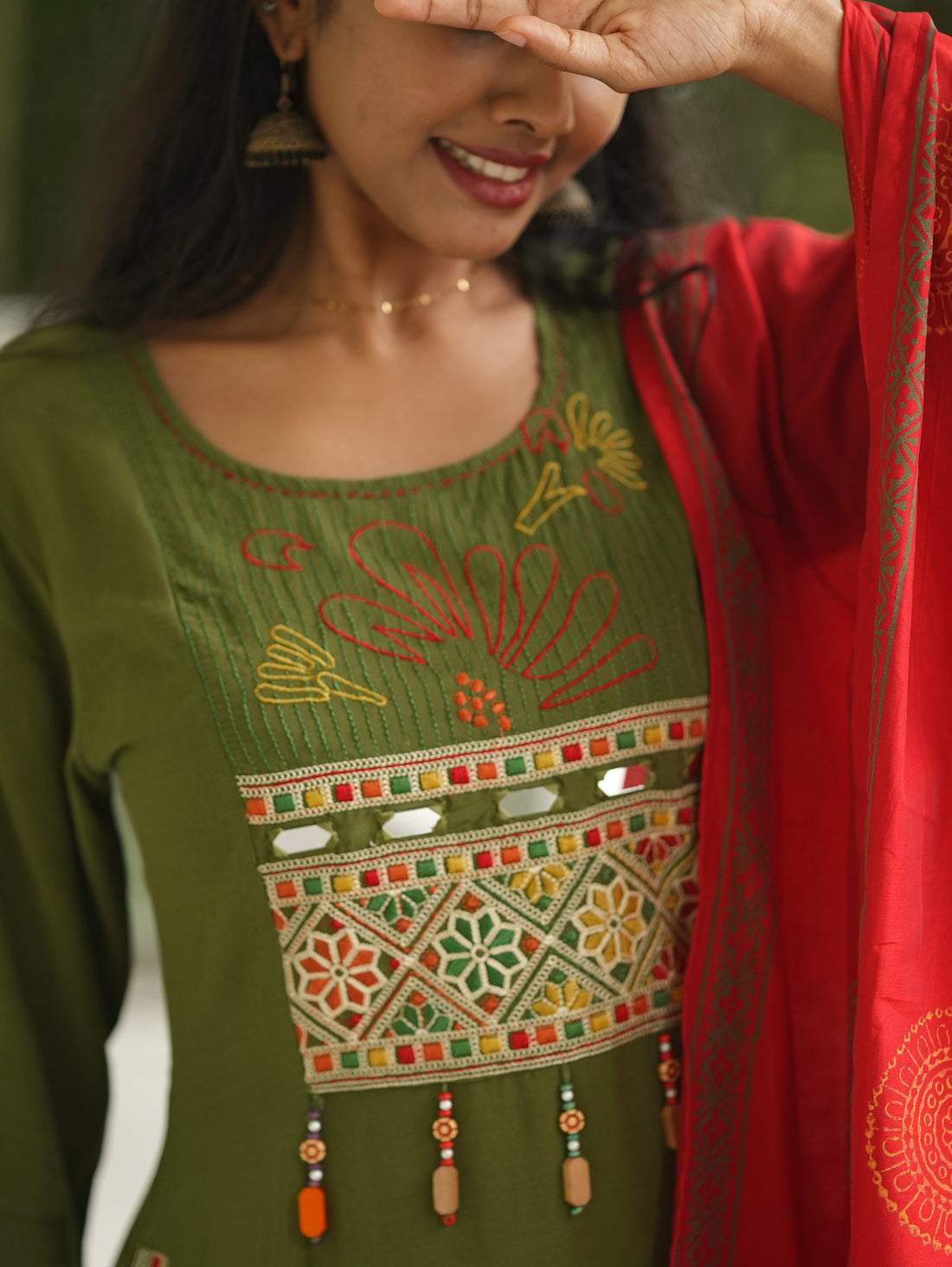 Green Heritage Embroidered Cotton Straight Set