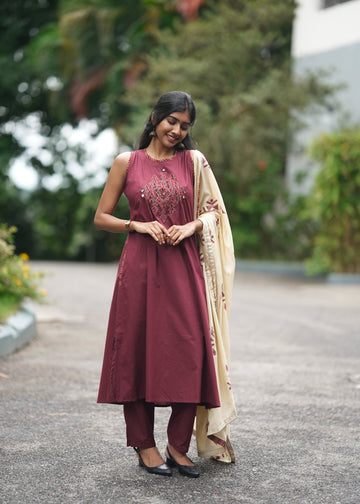 Royal Plum Embroidered Kurta Set with Cream Dupatta