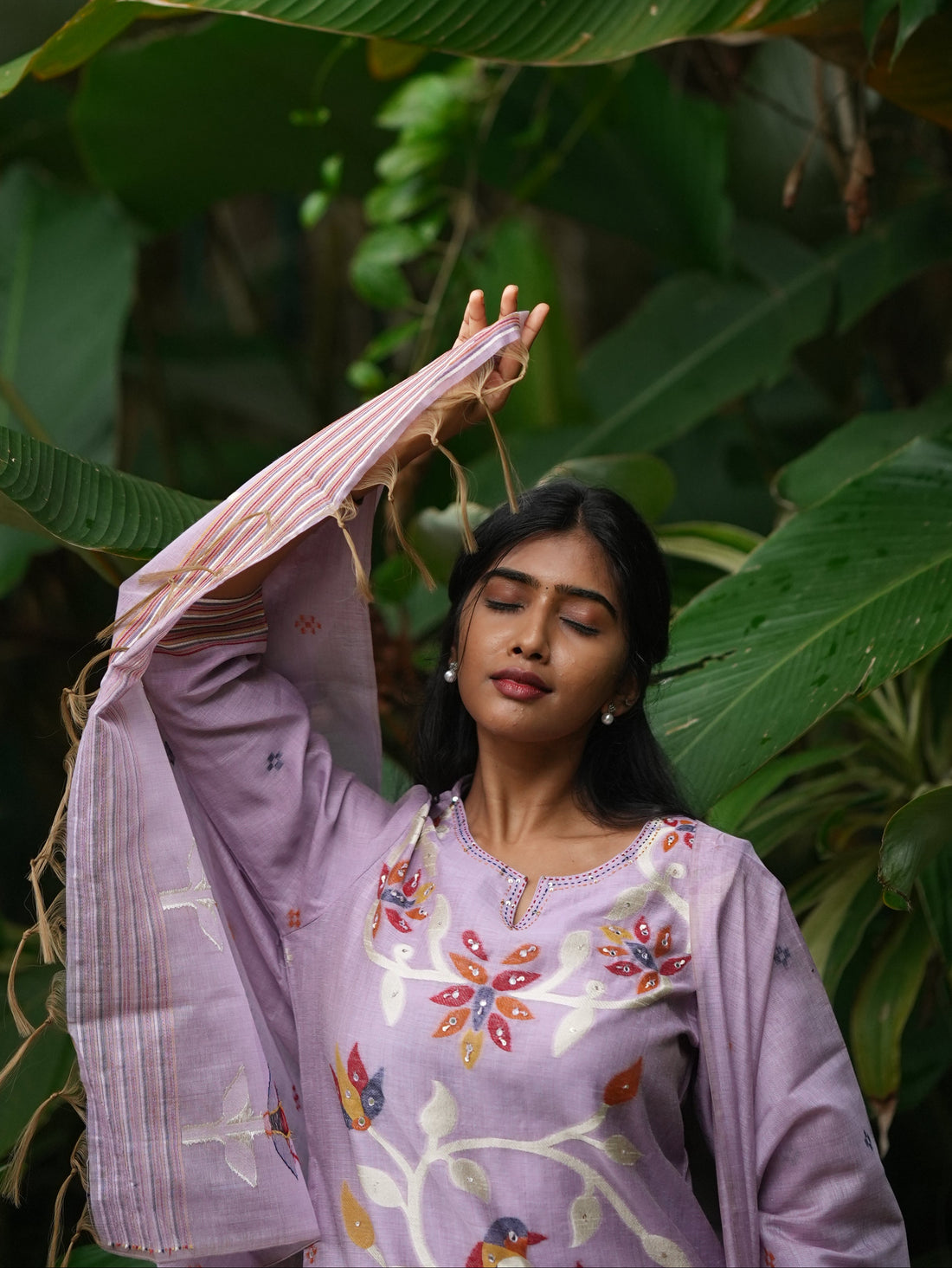 Lilac Floral Embroidered Cotton Kurta Set with Dupatta