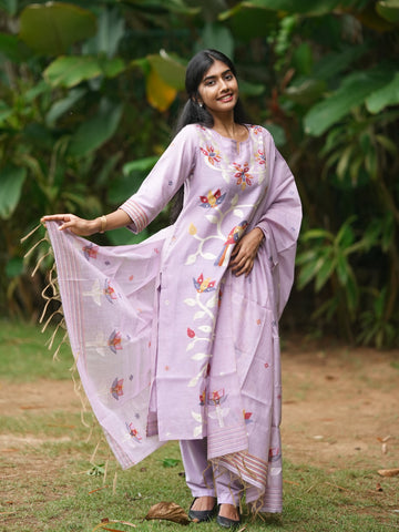 Lilac Floral Embroidered Cotton Kurta Set with Dupatta
