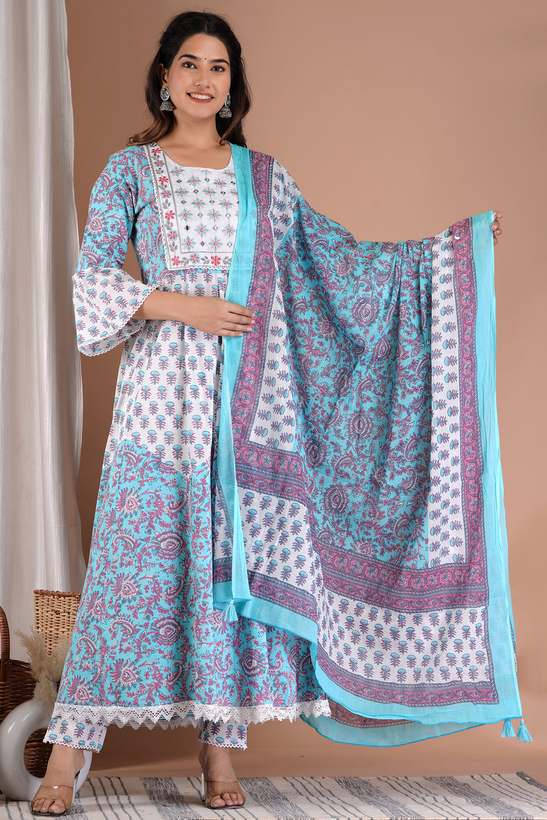 Artistic Floral Pale Teal Anarkali Cotton kurta set