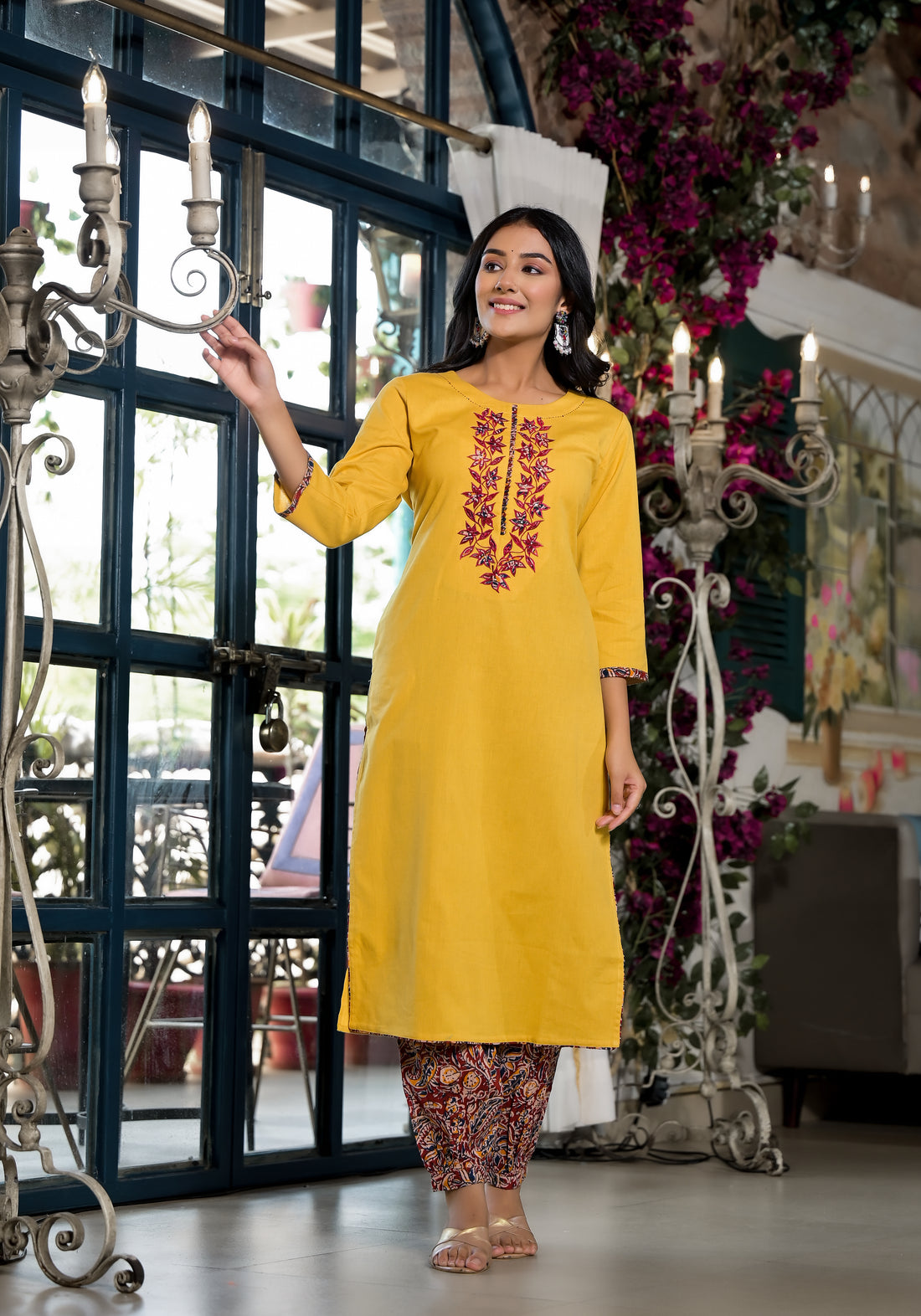Sunlit Mustard Embroidered Kurta Set with Printed Dupatta