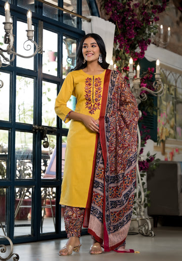Sunlit Mustard Embroidered Kurta Set with Printed Dupatta