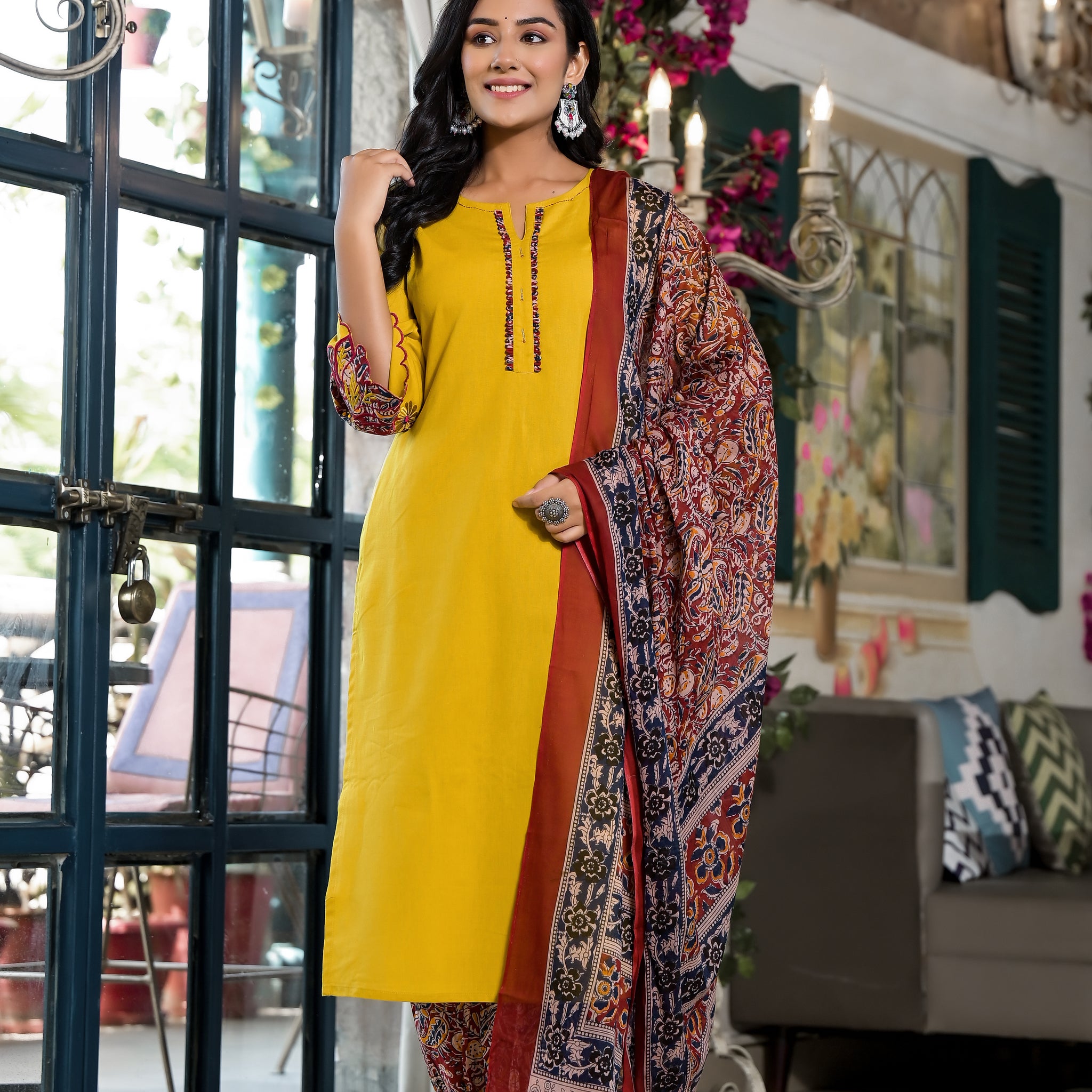 Golden Sunshine Embroidered Kurta Set with Ornate Dupatta